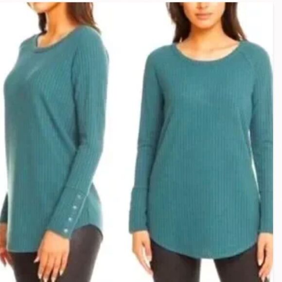 Chaser Waffle Knit Thermal Top Teal Green Size Medium Button Cuffs - Picture 2 of 5
